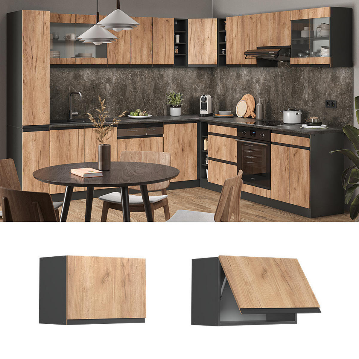 HÄNGESCHRANK R-Line Goldkraft Eiche 60 cm J-Shape, flach - Anthrazit/Eiche Wotan, Holzwerkstoff (60/40/31cm) - Vicco