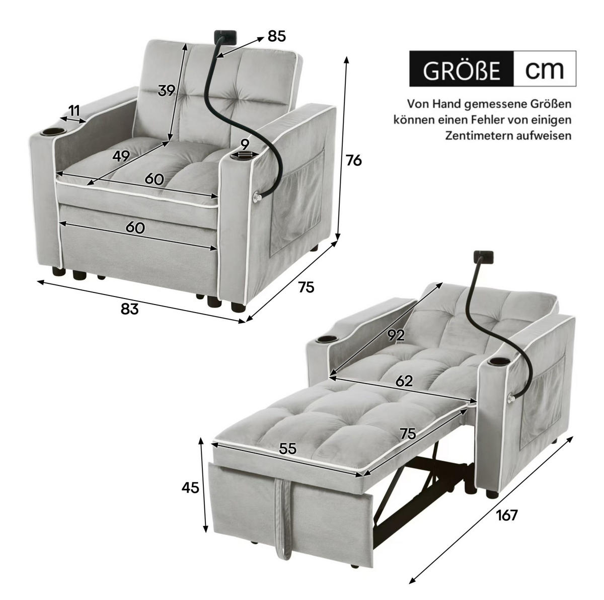 SCHLAFSOFA 3-in-1 ausziehbar 83 x 167 x 76 cm Samt Grau - Grau, Metall (167/76/83cm) - Meubliv