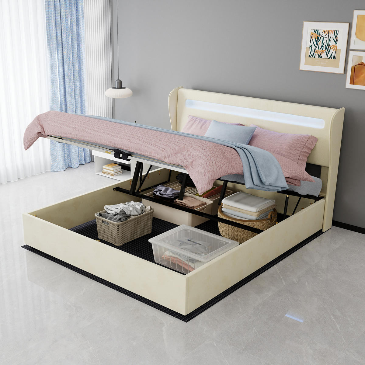 STAURAUMBETT 160/200 cm DE-32986 mit LED-Kopfteil und Matratze Beige - Beige, Metall (160/200cm) - ComfortXL