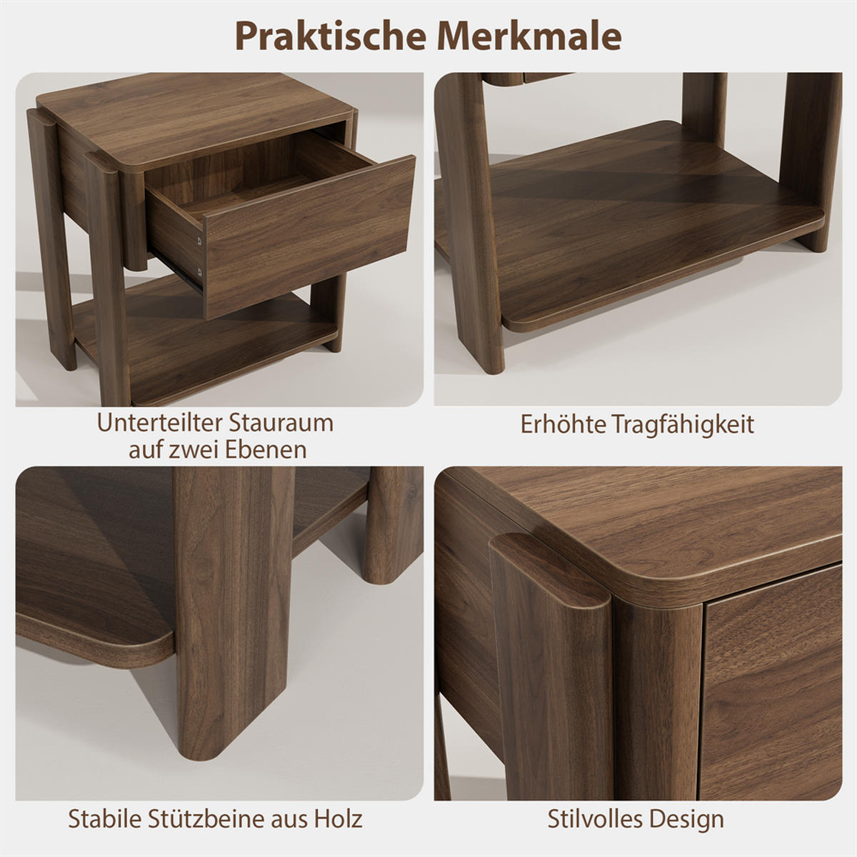 NACHTTISCH 48x39x56 cm mit 1 Schublade und Unterer Ablage - Abgerundetes Design - Robuste Holzbeine - Walnuss - Walnussfarben, Holzwerkstoff (39/56/48cm) - DELFA