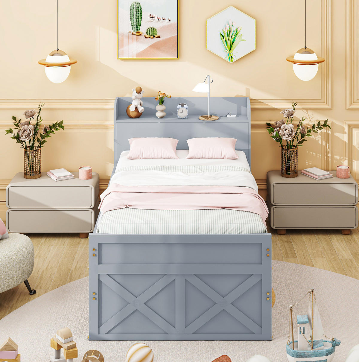 AUSZIEHBETT 90/190 cm aus Massivholz Grau mit USB und Schubladen - Grau, Holz (90/200cm) - Flora Grace