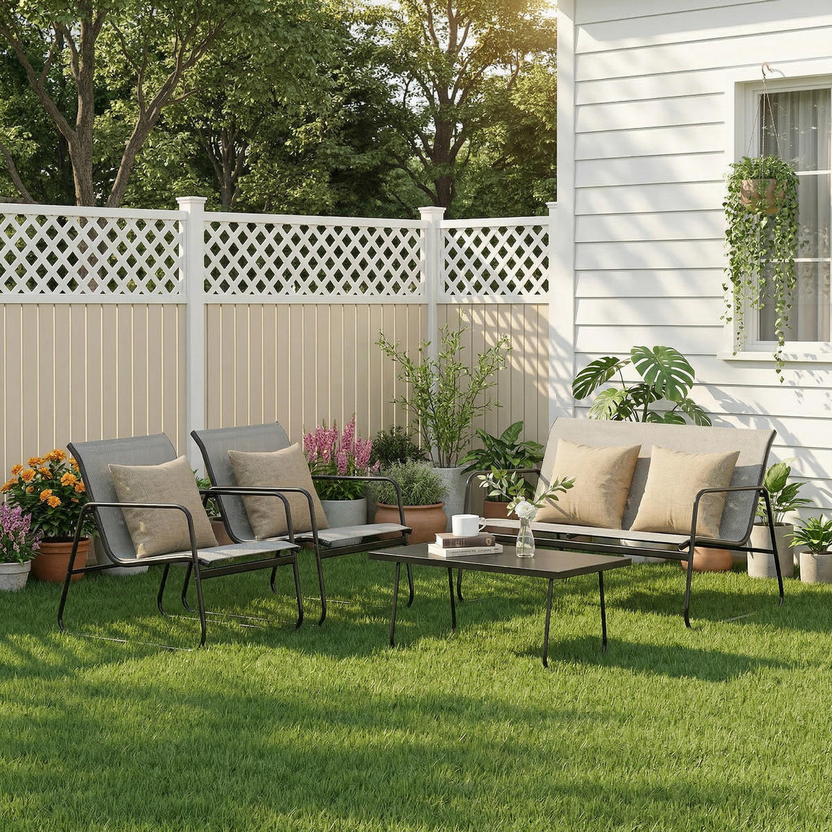 ECKSOFA Gartenmöbel Set 4tlg Schwarz Grau Loungeset - Dunkelgrau, Textil - Rattrix