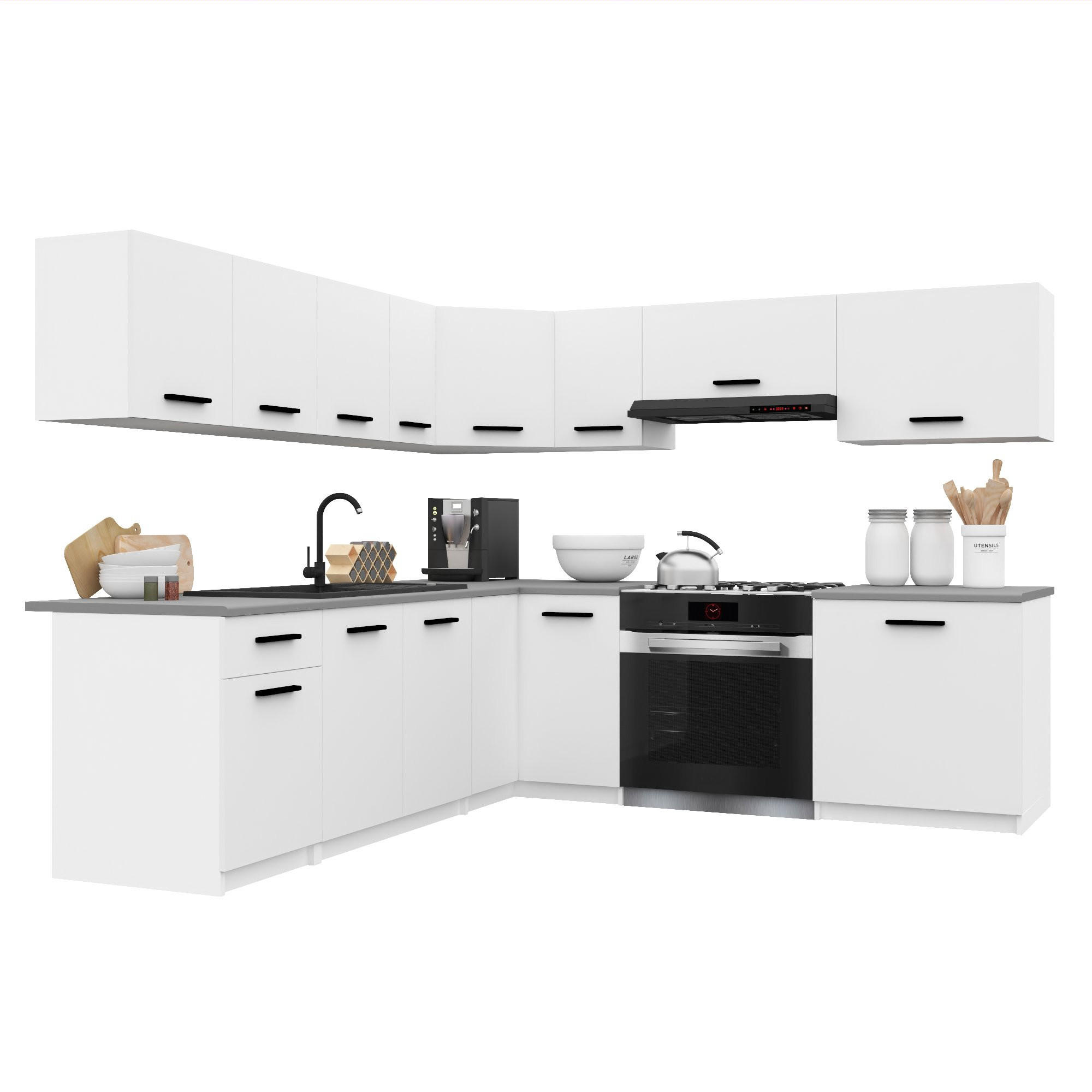 KÜCHENZEILE Italia 7 420 cm , mit Arbeitsplatten, Weiß Matt - Weiß, Holz (420/143/60cm) - B BELINI GROUP