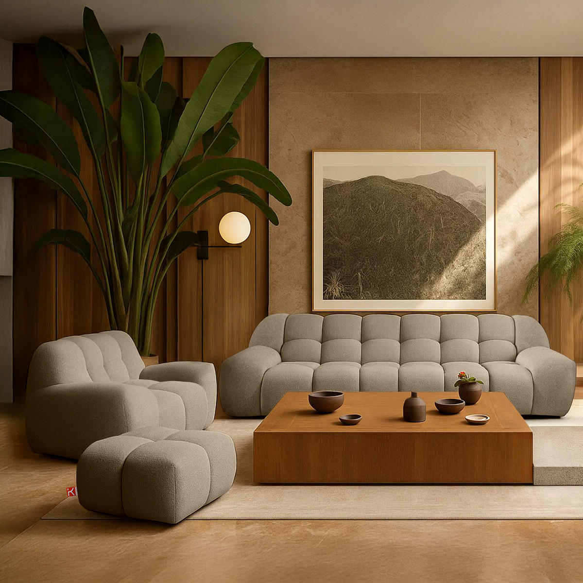 SITZGARNITUR VENA Bouclé, Beige - Beige, Holz/Textil (65/38/65cm) - KONSIMO®