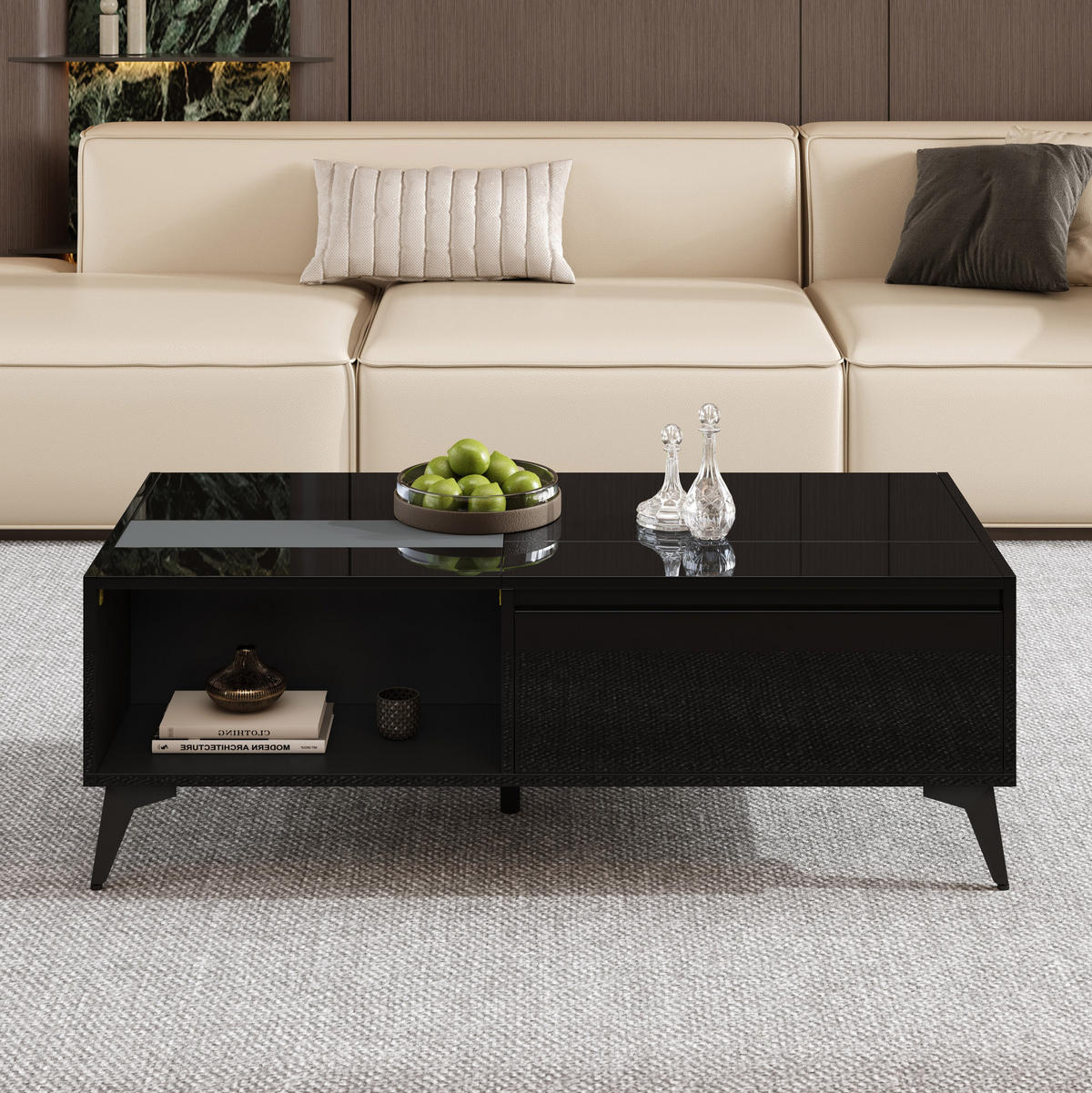 COUCHTISCH 110/50/48 cm Schwarz Hochglanz mit Hebemechanismus und Stauraum - Schwarz, Holzwerkstoff (110/50/48cm) - OKWISH