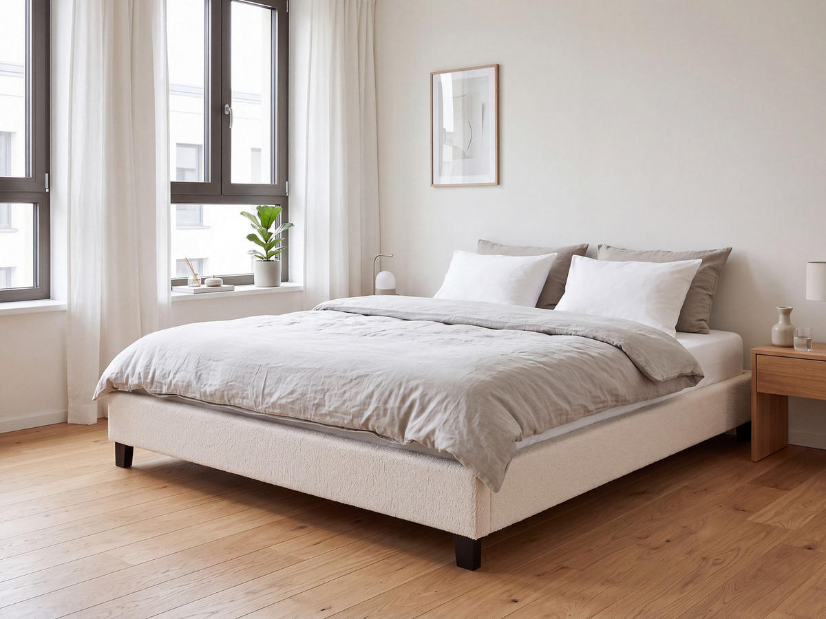 KÁRPITOZOTT ÁGY ágyráccsal 180x200 cm Bézs Roanne - krém, textil (180/200cm) - Beliani