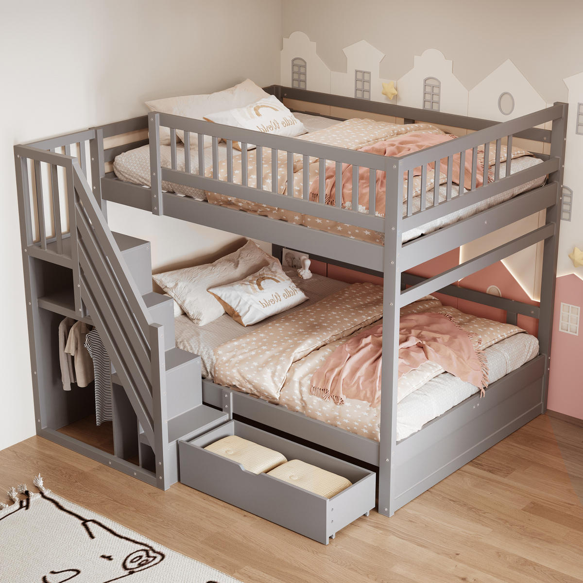 ETAGENBETT 140/200 cm DE-01411, in Grau, mit Sicherheitsleiter und Stauraum - Grau, Holz (140/200cm) - ComfortXL