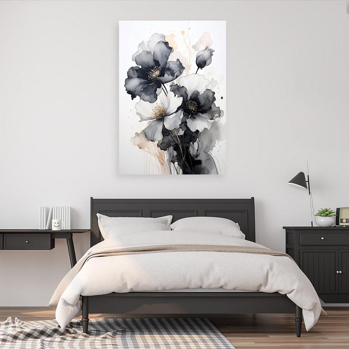 LEINWANDBILDER, Schwarze und weiße Blumen in einer zarten Aquarellkomposition - Weiß, Textil (40/60cm) - Feeby