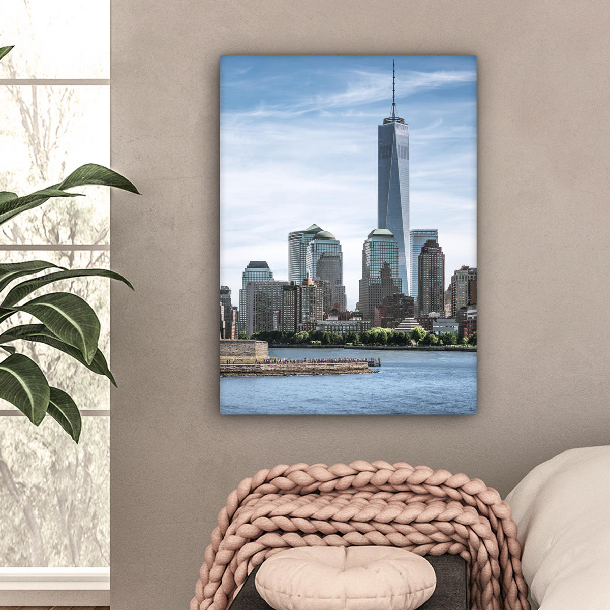 LEINWANDBILD New York - Freiheitsstatue - Wasser Wandbild Wohnzimmer 60x80 cm - Hellblau, Textil (60/80cm) - MuchoWow