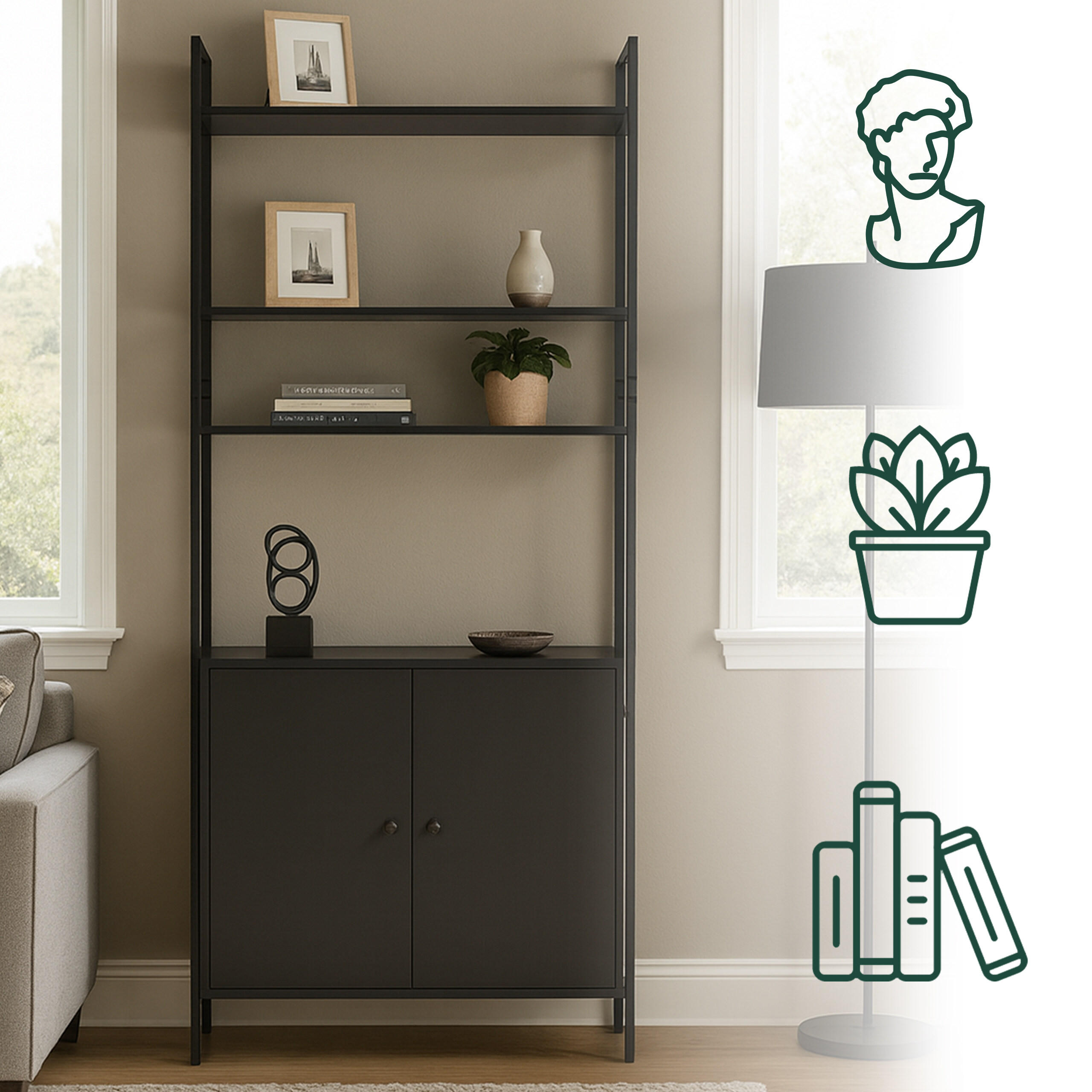 BÜCHERREGAL - Schwarz, Holzwerkstoff/Metall (60/159.5/24cm) - Relaxdays