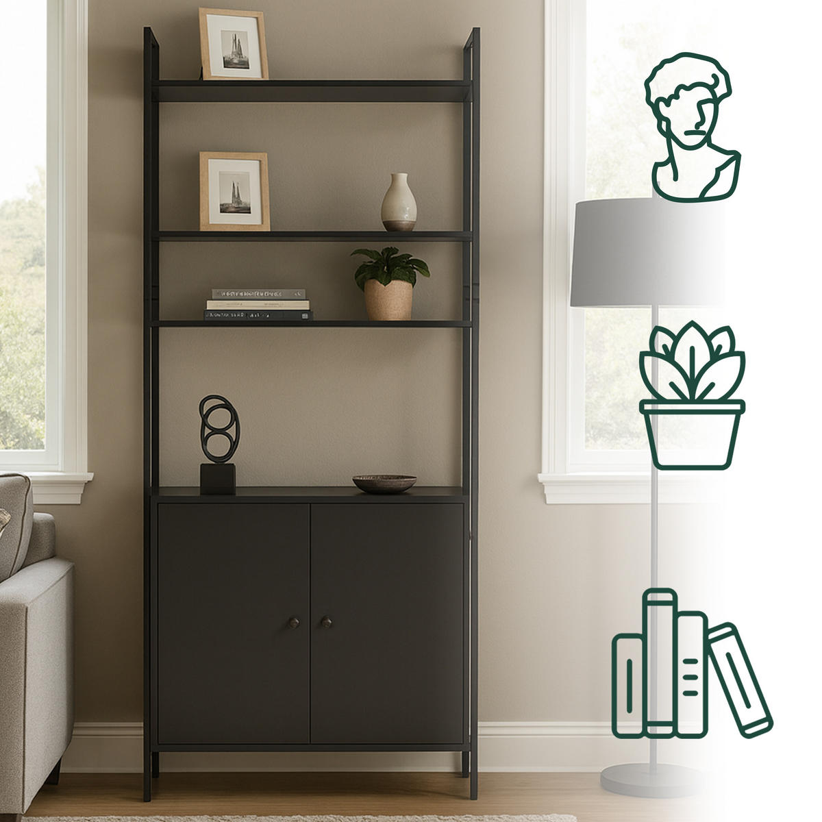 BÜCHERREGAL - Schwarz, Holzwerkstoff/Metall (60/159.5/24cm) - Relaxdays