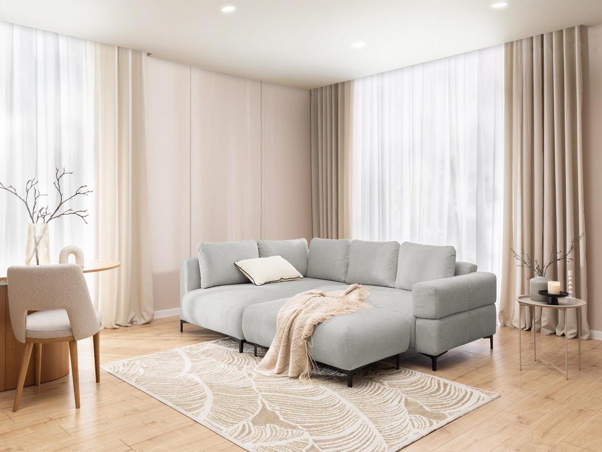 POLSTERHOCKER Cardea in Bubble-Optik aus weichem Hellgrau Strukturstoff mit hohem Sitzkomfort - Hellgrau/Schwarz, Holz/Textil (110/46/65cm) - S-Style Möbel