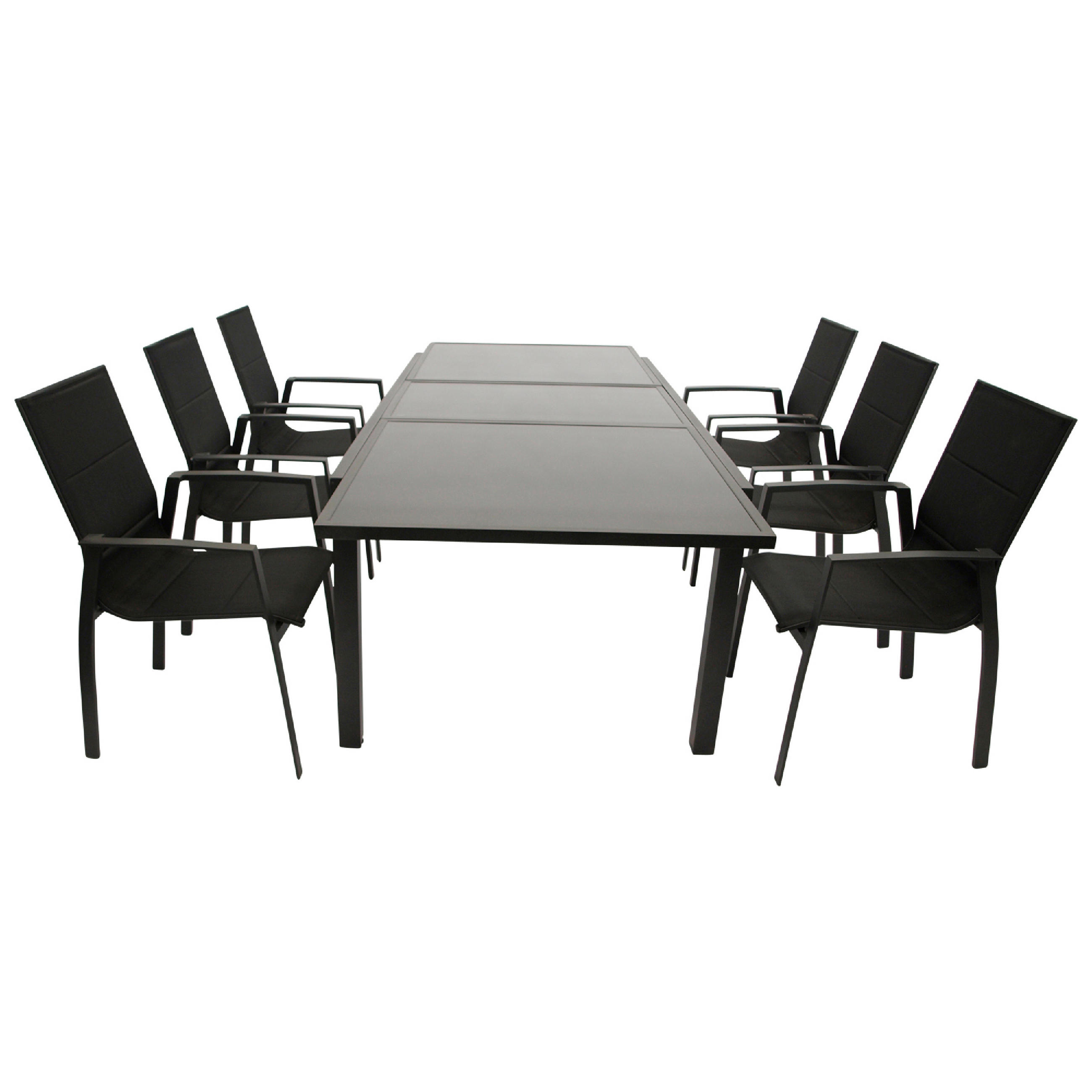 GARTEN-GARNITUR Ashford - 7-teilige Garten-Essgruppe (6x Stapelsessel mit Aluminiumgestell schwarz, Bespannung Textillehne schwarz - Schwarz, Metall - TPFGarden