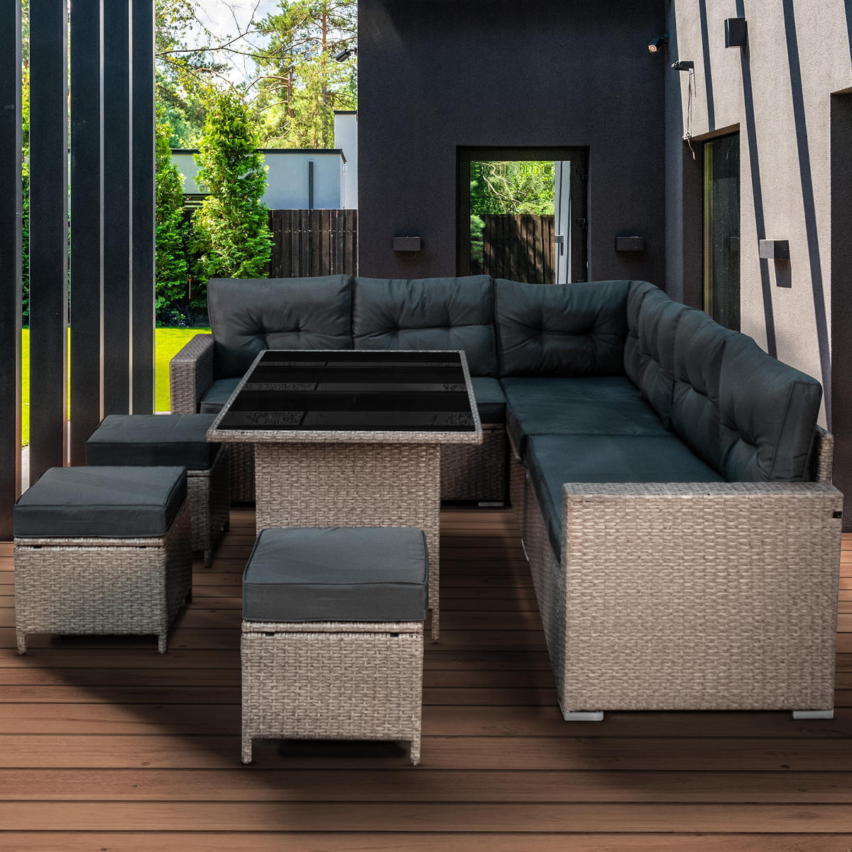 RATTAN-ECKGARNITUR 9-Sitzer - Grau, Kunststoff - Monstershop