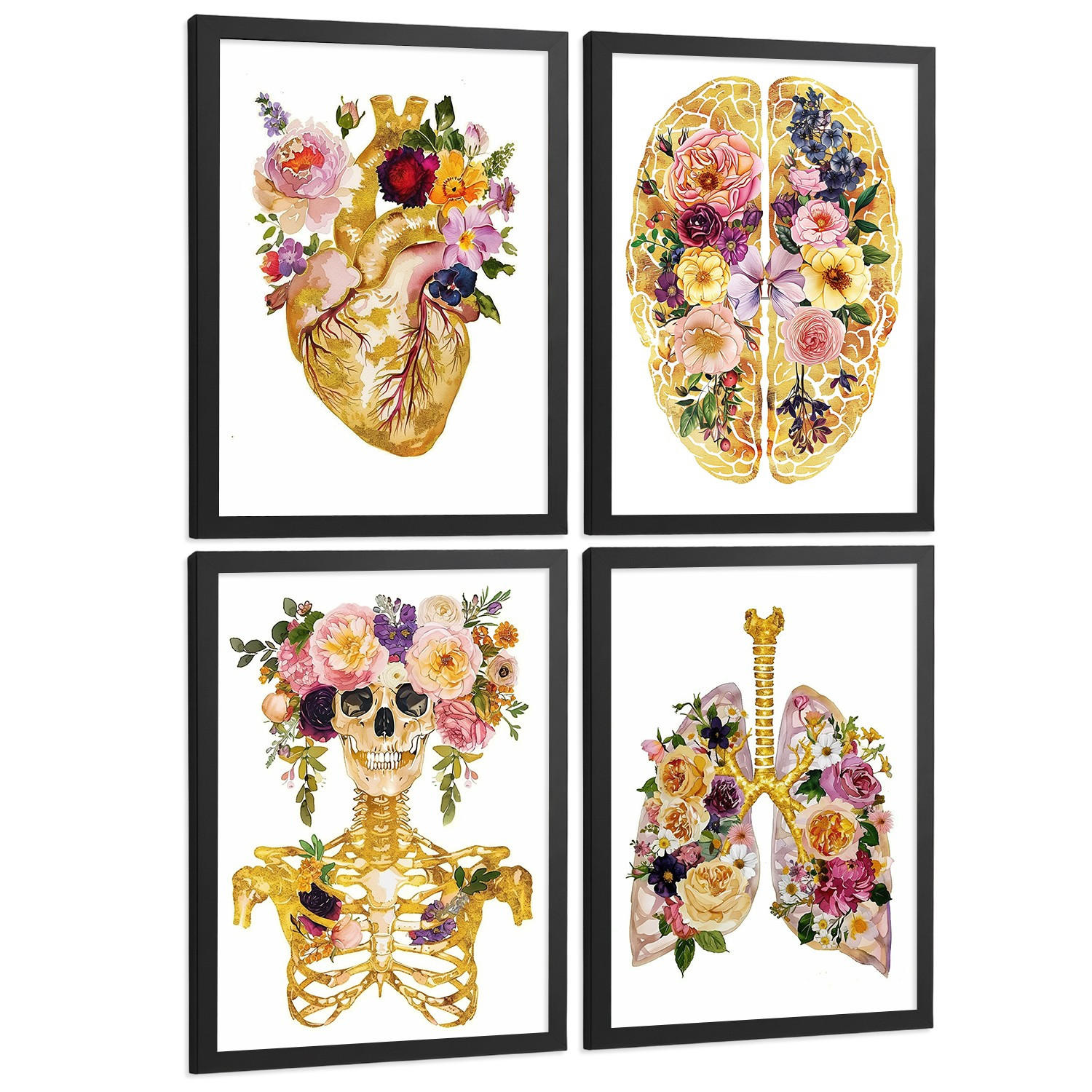 POSTER Set aus 4 Anatomie Mensch Drucke und mit Herz Gehirn Schädel Lungen Luftröhre Bronchien Goldener Floraler Stil Größe Schwarzer Rahmen A3 - Schwarz, Papier (29.7/42/3cm) - Nacnic