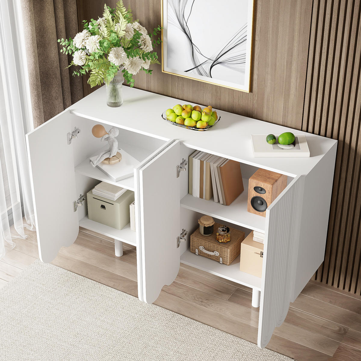KUCHYŇSKÁ SKŘÍŇ bílá, kapkovitý design, tvarovaná dvířka, do obývacího pokoje a jídelny, 120×37,5×80,8 cm - bílá, kov/kompozitní dřevo (120/80.8/37.5cm) - STILVORA