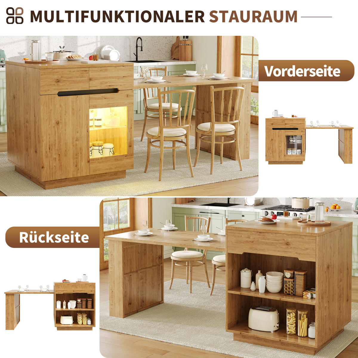 KÜCHENINSEL Ausziehbarer Tisch LED App Eiche Stauraum - Naturfarben, Holzwerkstoff (122/93.5/70cm) - FLIEKS