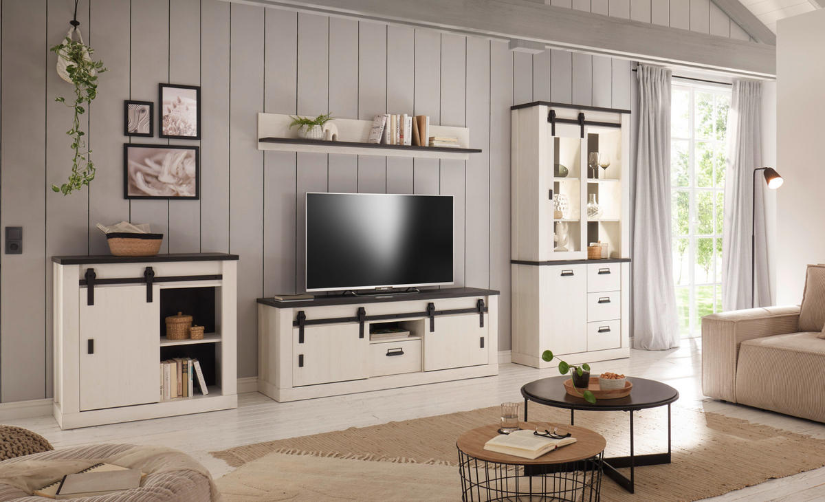 WOHNWAND weiß Pinie, anthrazit Landhaus, Wohnkombination 4-teilig 388 cm - Anthrazit/Weiß, Holzwerkstoff/Metall (388/201/43cm) - Furn.Design