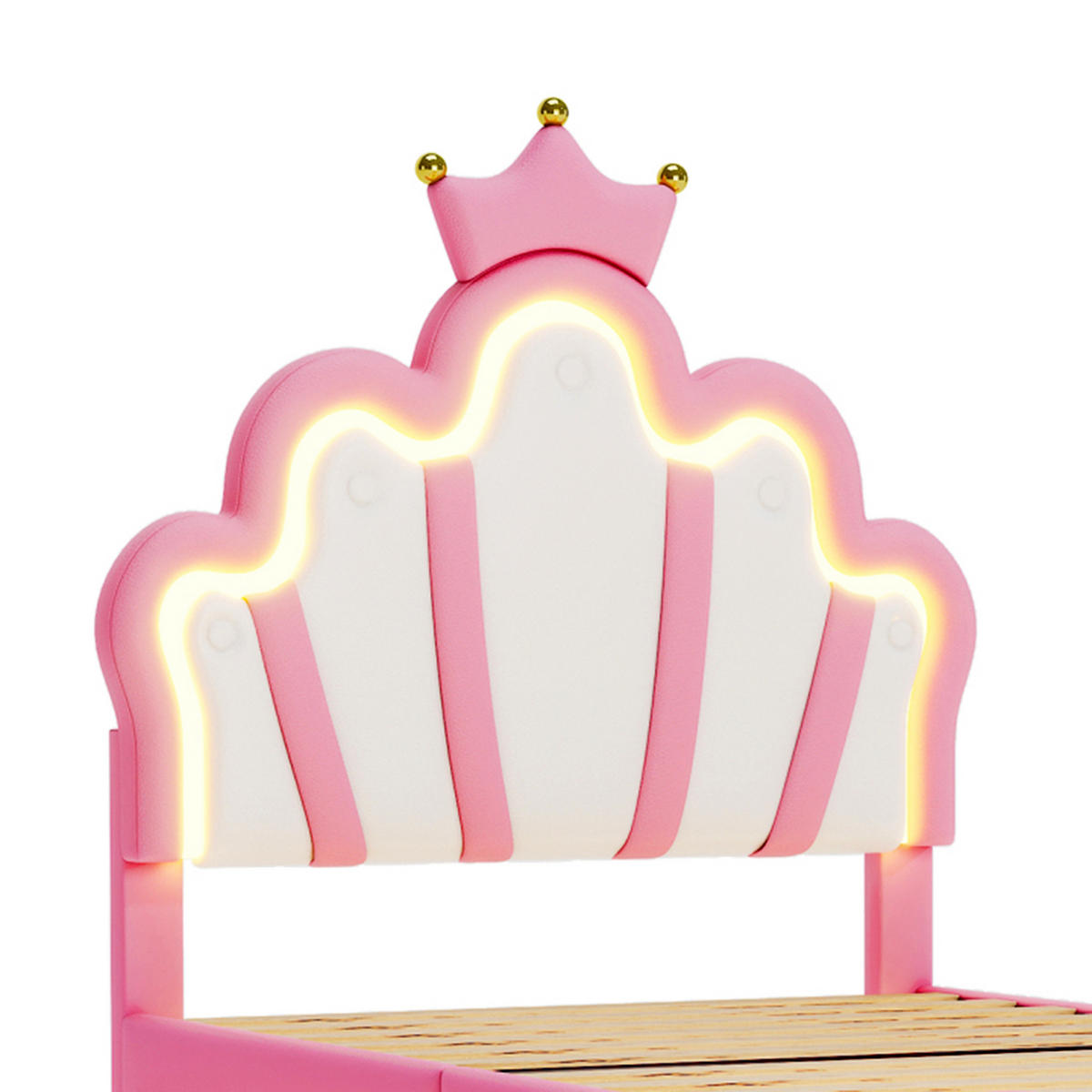 KINDERBETT Bogen-Krone mit 2-Zonen-LED & Goldbeinen 90/200 cm PU-Leder Rosa - Pink, Leder (90/200cm) - Creahappy
