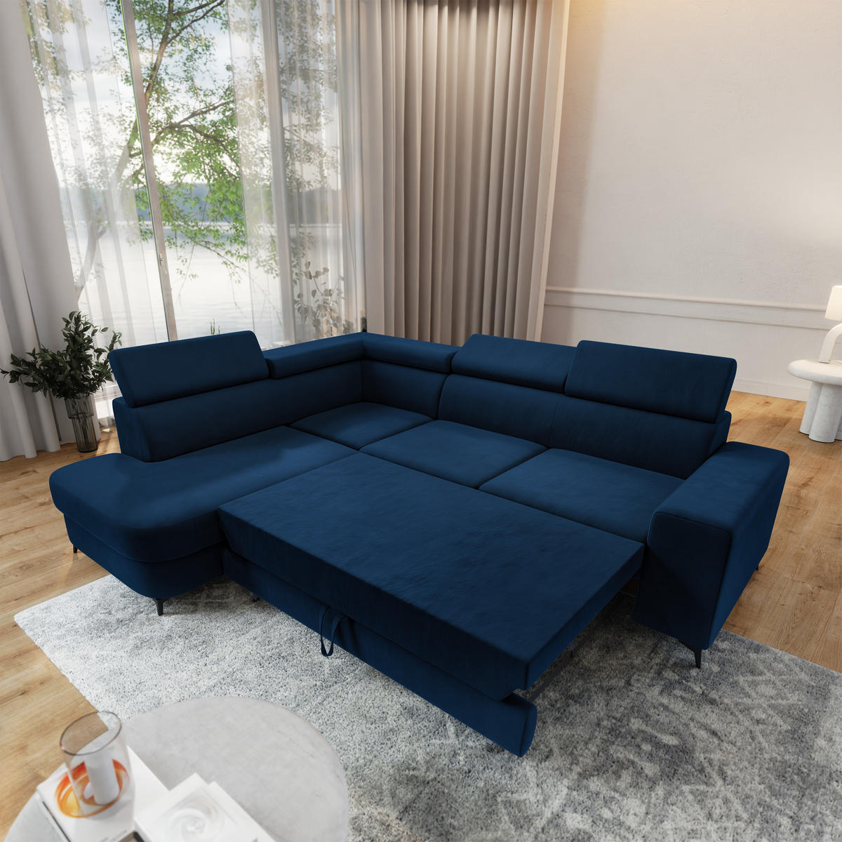ECKSOFA ALVORO L-S Blau Velours-Stoff mit Schlaffunktion - Blau, Holz (253/190cm) - MASSENO