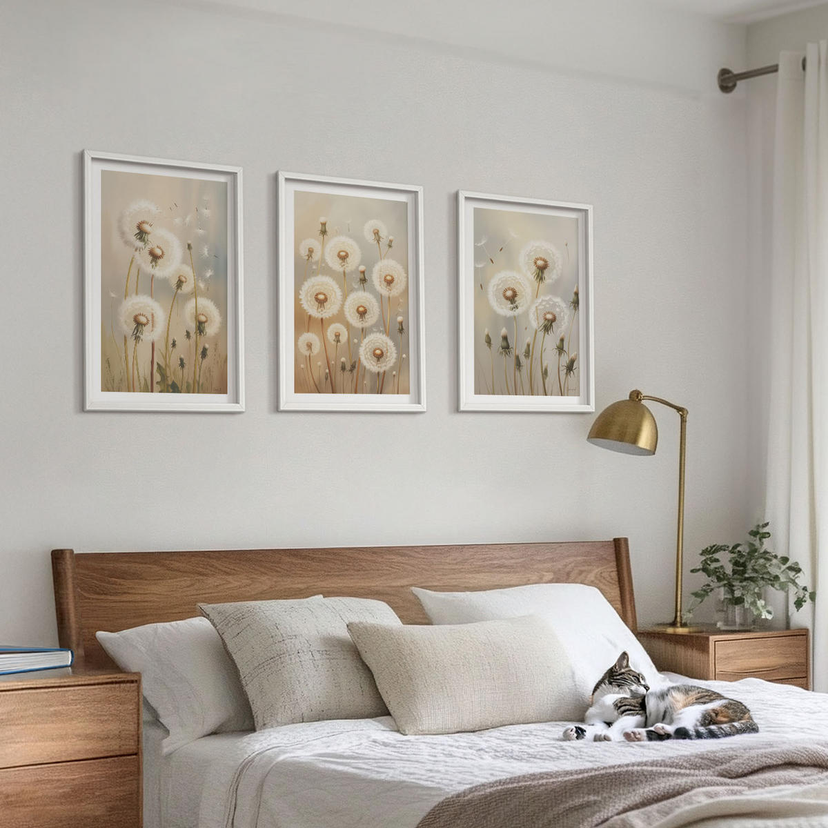 WANDBILDER 3er-Set - 40x60 cm Weißer Rahmen - Weiße Löwenzahnblüten auf hellem Hintergrund - Weiß, Kunststoff (40/60cm) - ArtPrintCave
