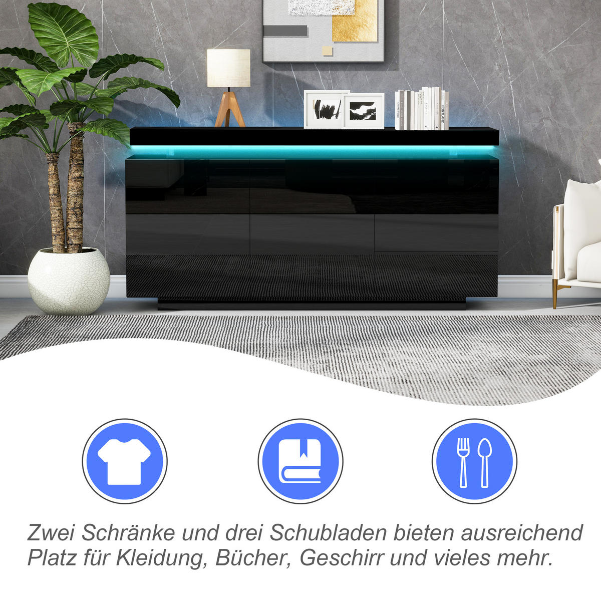 SIDEBOARD LED Hochglanz 2 Türen 3 Schubladen Schwarz 140cm modern - Schwarz, Holzwerkstoff (38/72/140cm) - FLIEKS