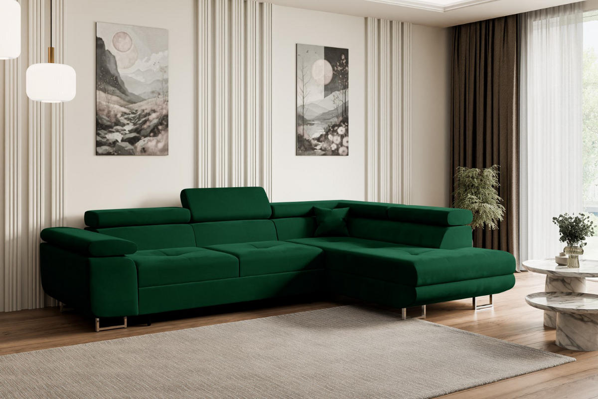 ECKSOFA mit Schlaffunktion und Bettkasten GUSA-L 272x202x107 cm Grün Velours - Silberfarben/Grün, Holzwerkstoff/Textil (272/202cm) - ALTDECOR