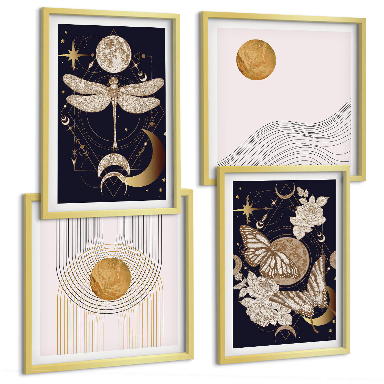 BILDER SET 4er Set - 50x50 cm & 40x60 cm Goldrahmen - Naturmotive mit dem Mond - Goldfarben, Kunststoff (50/50cm) - TULUP