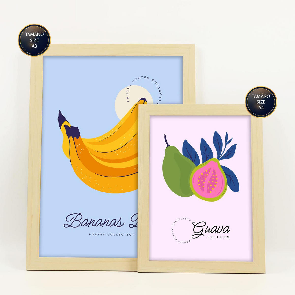 POSTER Set Mit 6 Lebensmittel Und Ernährungs Tropisch Und Fruchtig Natur Und Ernährungs Für Innenarchitektur A3 & A4 Rahmen Aus Hellem Holz - Beige, Papier (29/3cm) - Nacnic