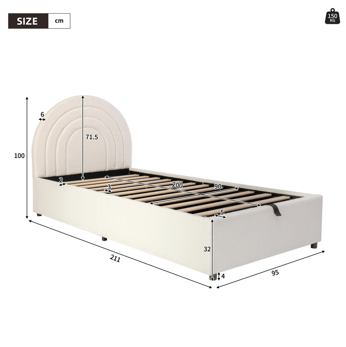 POLSTERBETT 90/200 cm beige aus Bouclé mit Stauraum - Beige, Holzwerkstoff (90/200cm) - OKWISH
