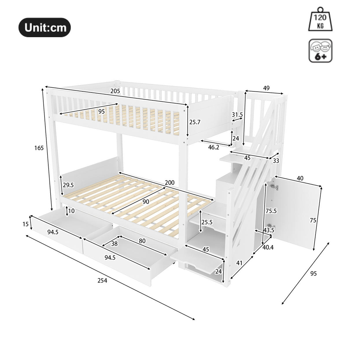 ETAGENBETT 90x200cm Weiß mit Schublade Regal Kleiderschrank - Weiß, Holz (90/200cm) - FLIEKS