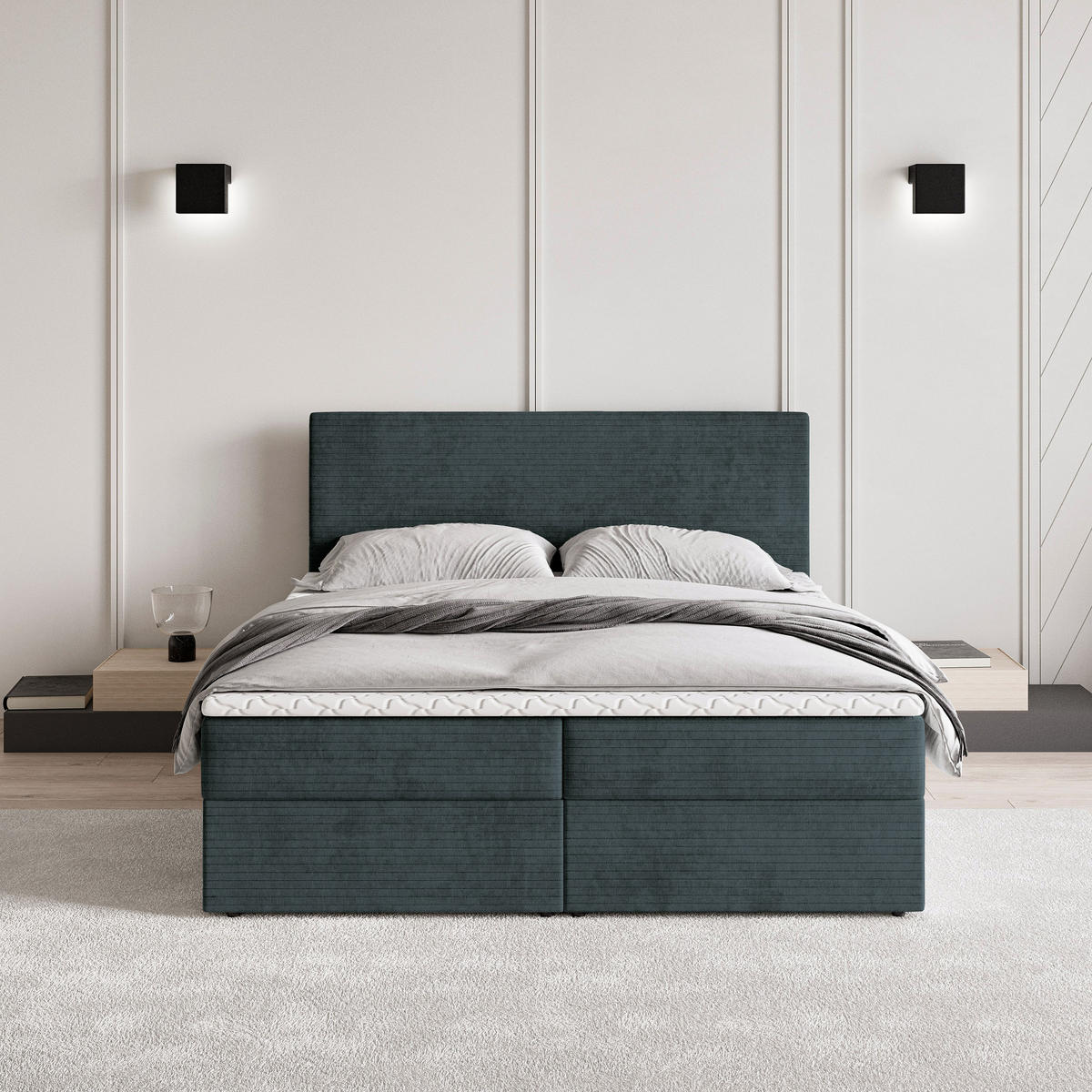 BOXBETT NIRA 180x200 cm mit Matratze und Topper - Blau - Blau, Holz (180/200cm) - MASSENO