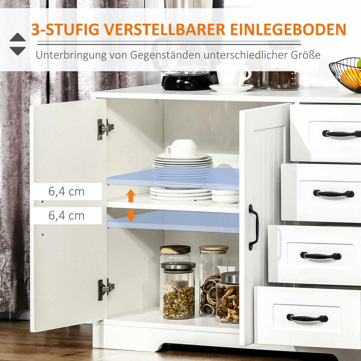 SIDEBOARD aus MDF 40x105x76 cm Weiß mit 4 Schubladen, verstellbarem Einlegeboden und Kippschutz - Weiß, Holzwerkstoff (105/76/40cm) - Modfu