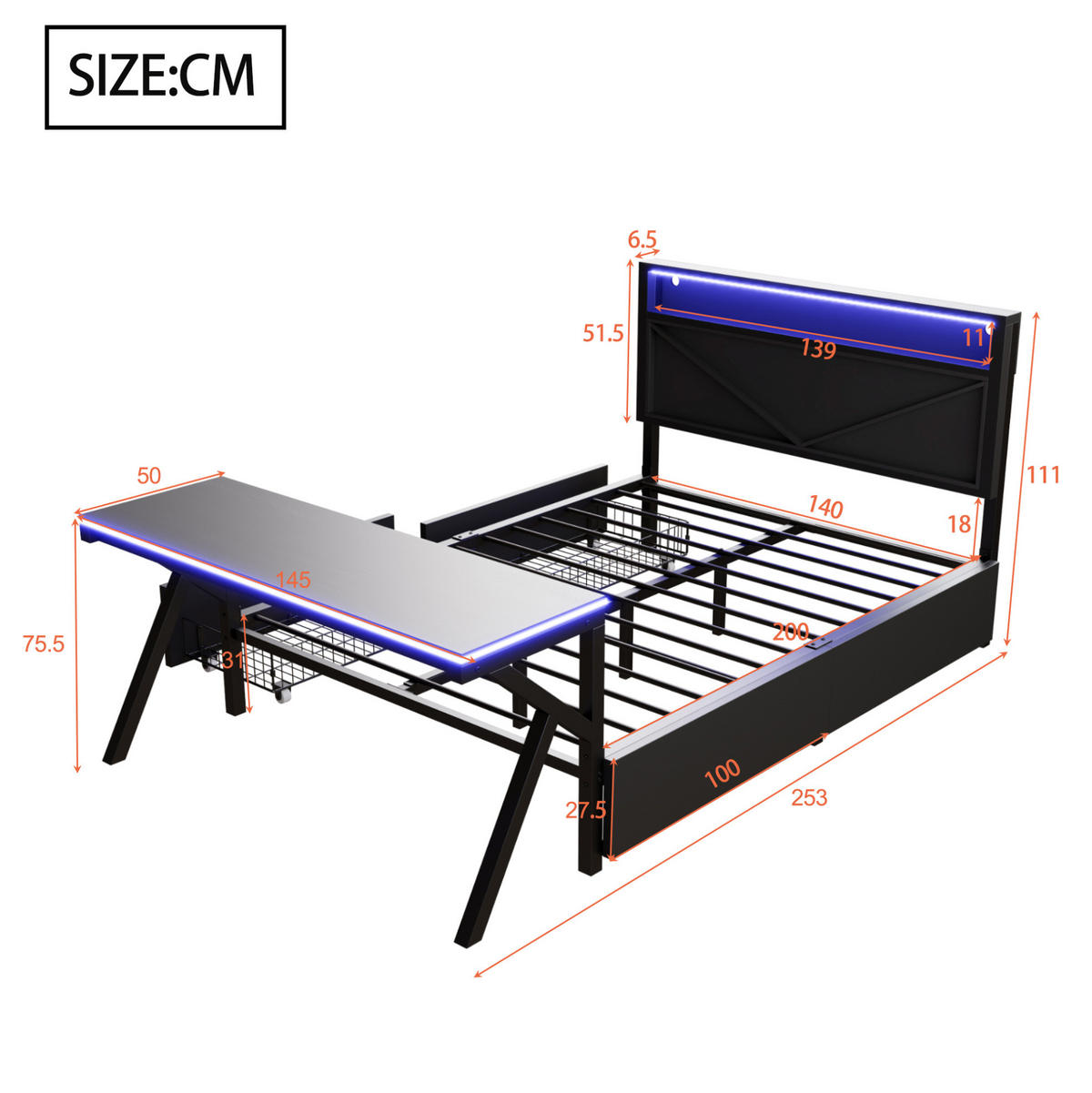 METALLBETT 140/200 cm mit LED-Kopfteil, LED-Schreibtisch und 2 Schubladen, MDF/Metall, Schwarz - Schwarz, Holzwerkstoff (140/200cm) - Redom