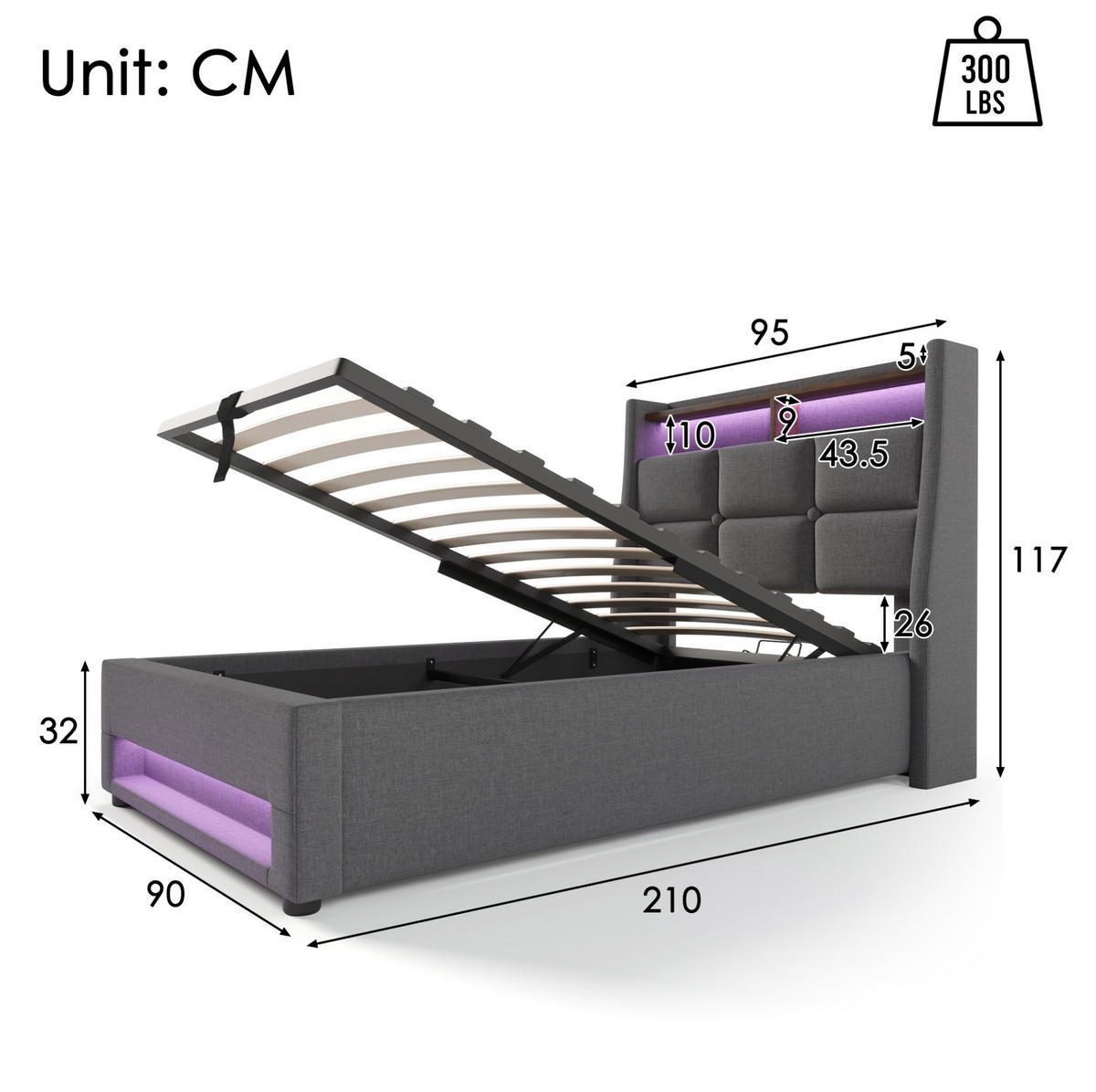 POLSTERBETT mit LED-Beleuchtung 90/200 cm mit USB, Bettkasten und gepolstertem Kopfteil - Grau, Textil (90/200cm) - BEAOK