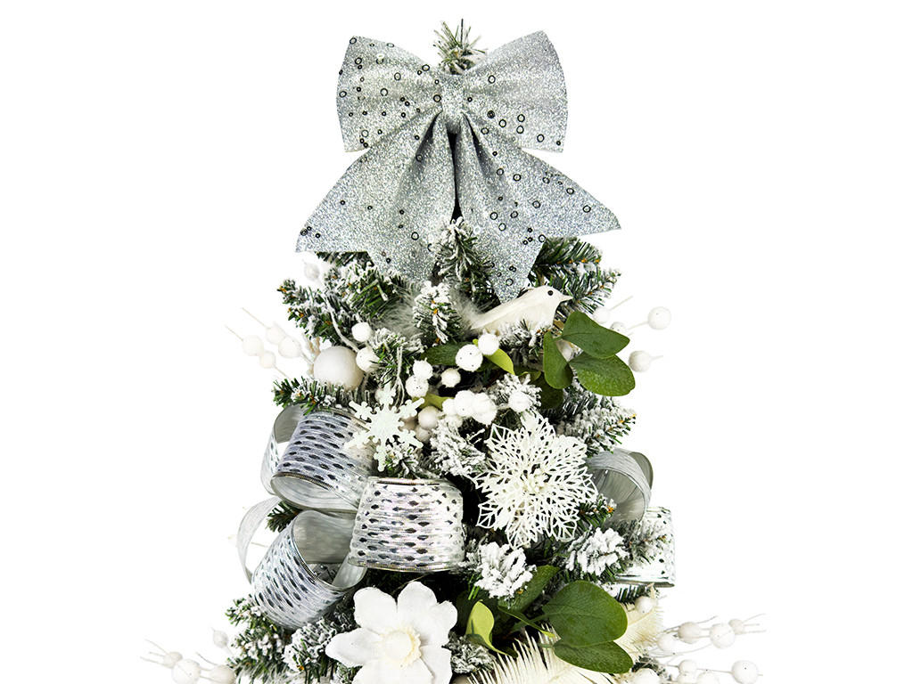 WEIHNACHTSBAUM künstlicher 60 cm mit LED-Beleuchtung, WEISSEMELODIE, mit 29 Weihnachtsbaumschmuck, Pflanztopf mit Jutesack - Silberfarben/Weiß, Kunststoff/Stein (40/60cm) - LAALU