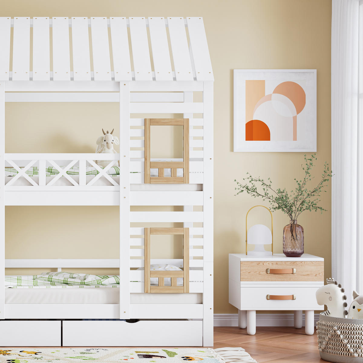 ETAGENBETT 90/200 cm weiß und natur aus Massivholz mit Treppe und Schubladen - Weiß, Holz (90/200cm) - OKWISH