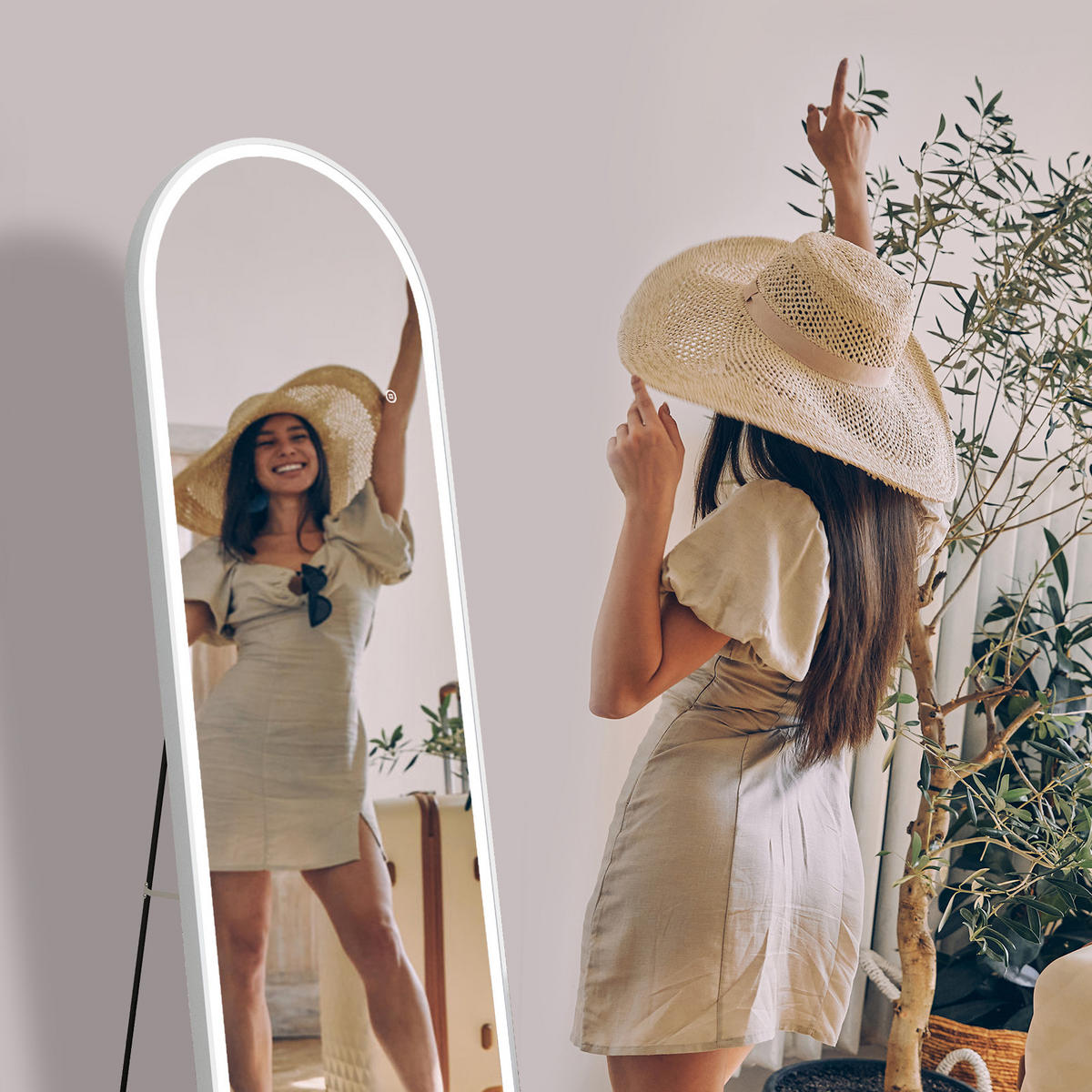 STANDSPIEGEL mit Beleuchtung und Rahmen weiß 160/60 cm - Weiß, Glas/Metall (60/160/160cm) - EMKE