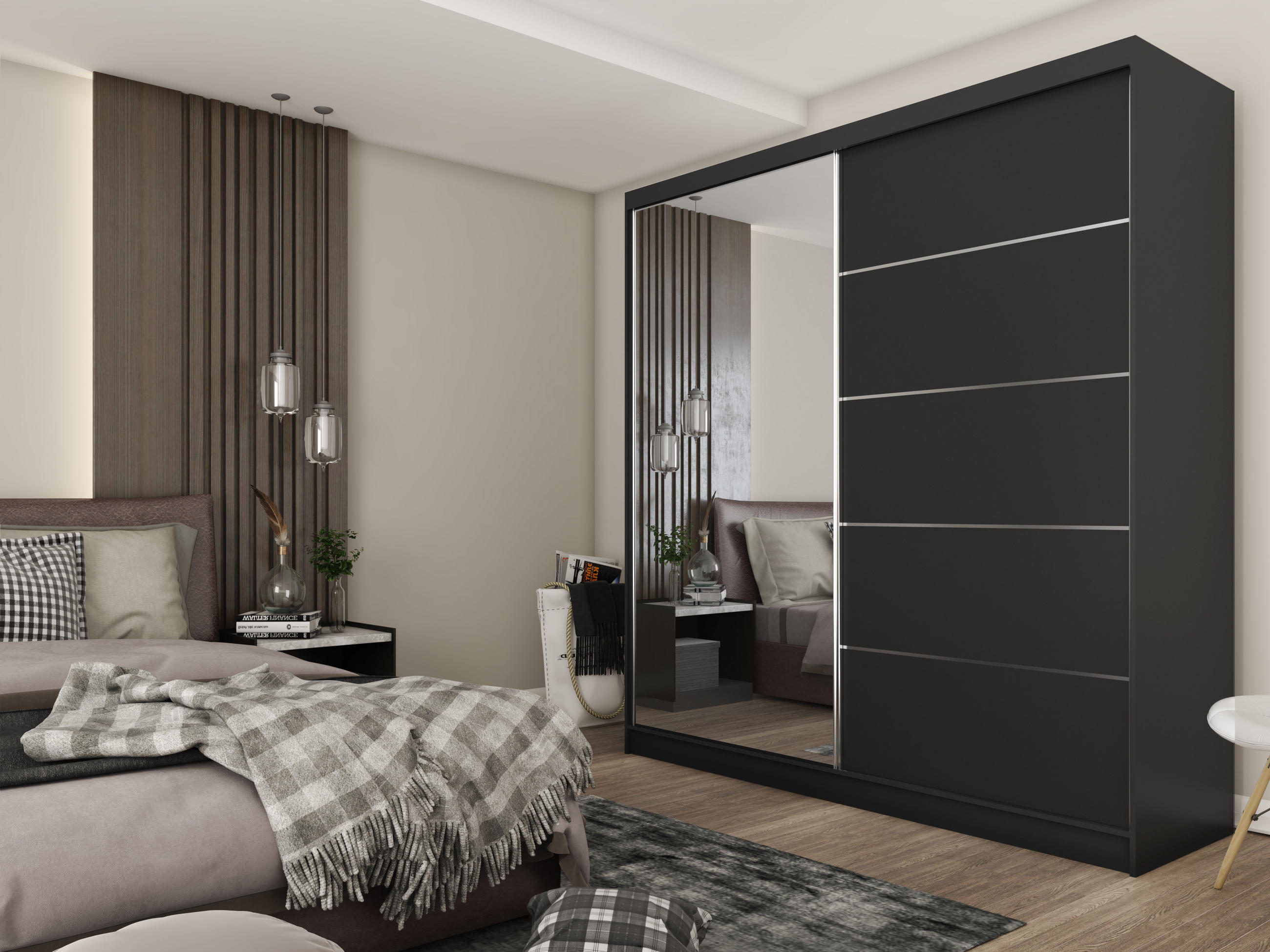 SCHWEBETÜRENSCHRANK MIRELLA 200/216/61 cm 2-türig mit Spiegel Schwarz - Schwarz, Holzwerkstoff (200/216/61cm) - MASSENO