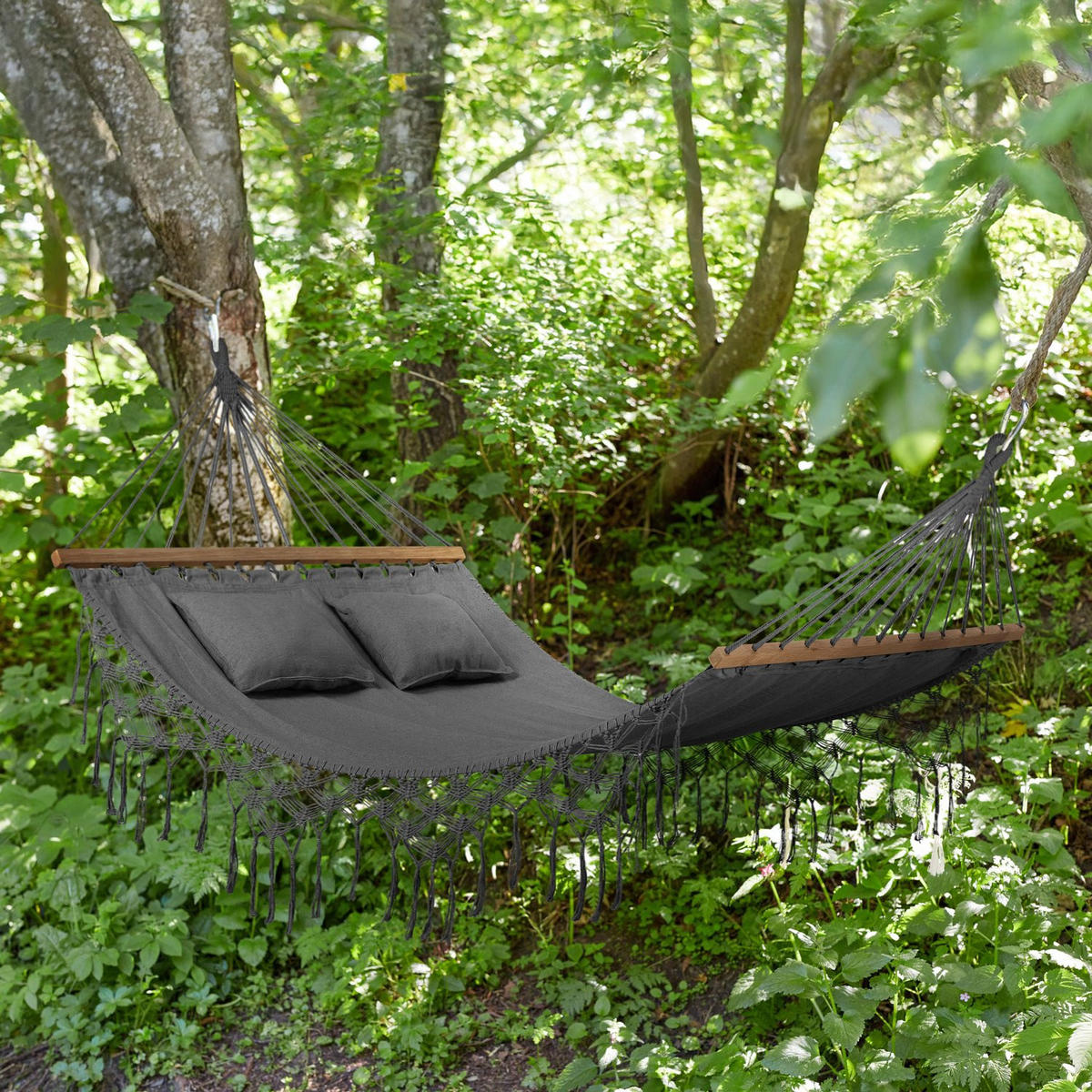 HÄNGEMATTE mit 2 Kissen, 200/150 cm, bis 220 kg, für 2 Personen - Grau, Textil (200/1/150cm) - Outtec