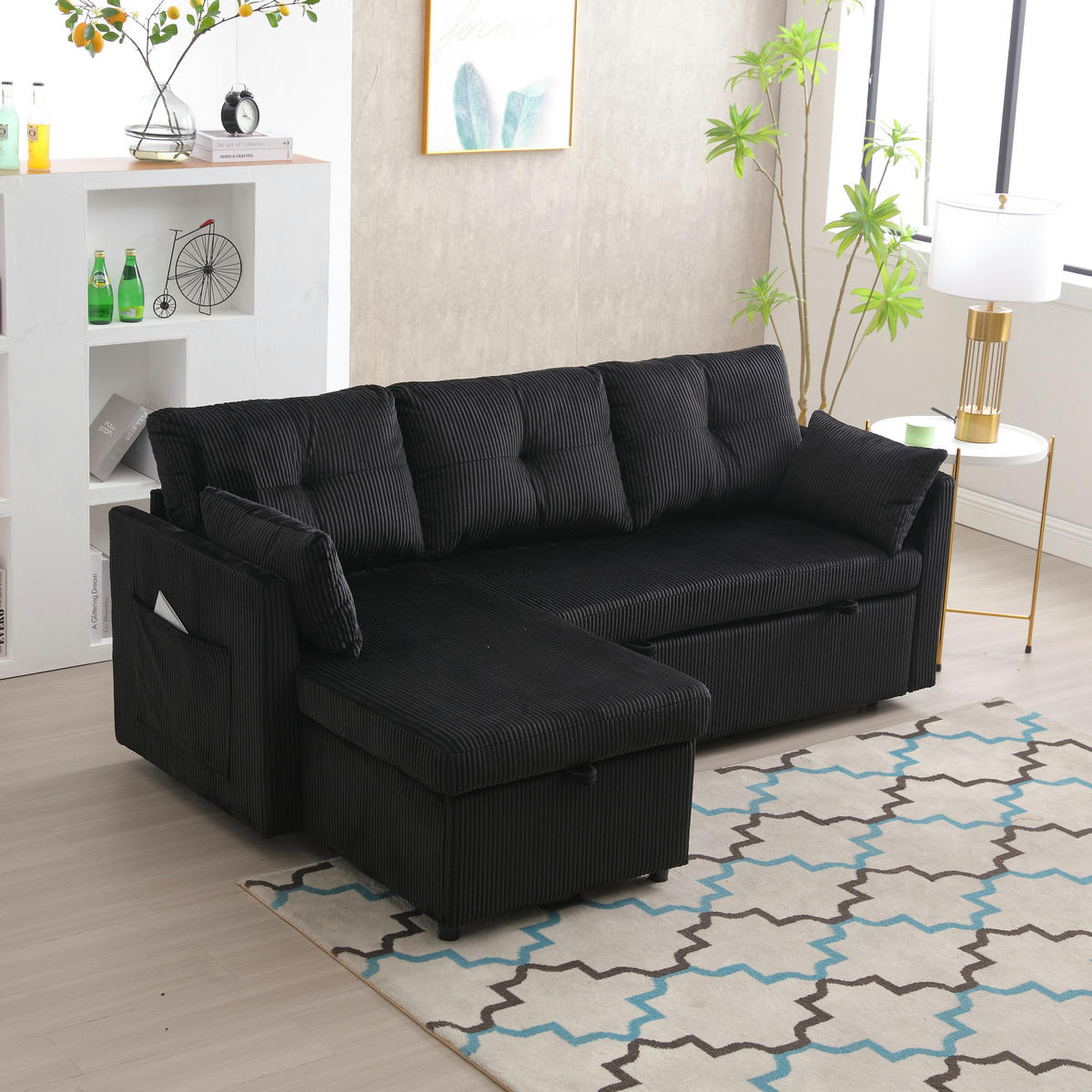 SCHLAFSOFA mit Stauraum, Ausziehbett und wechselbarer Chaiselongue - Schwarz, Textil (206/66/108cm)