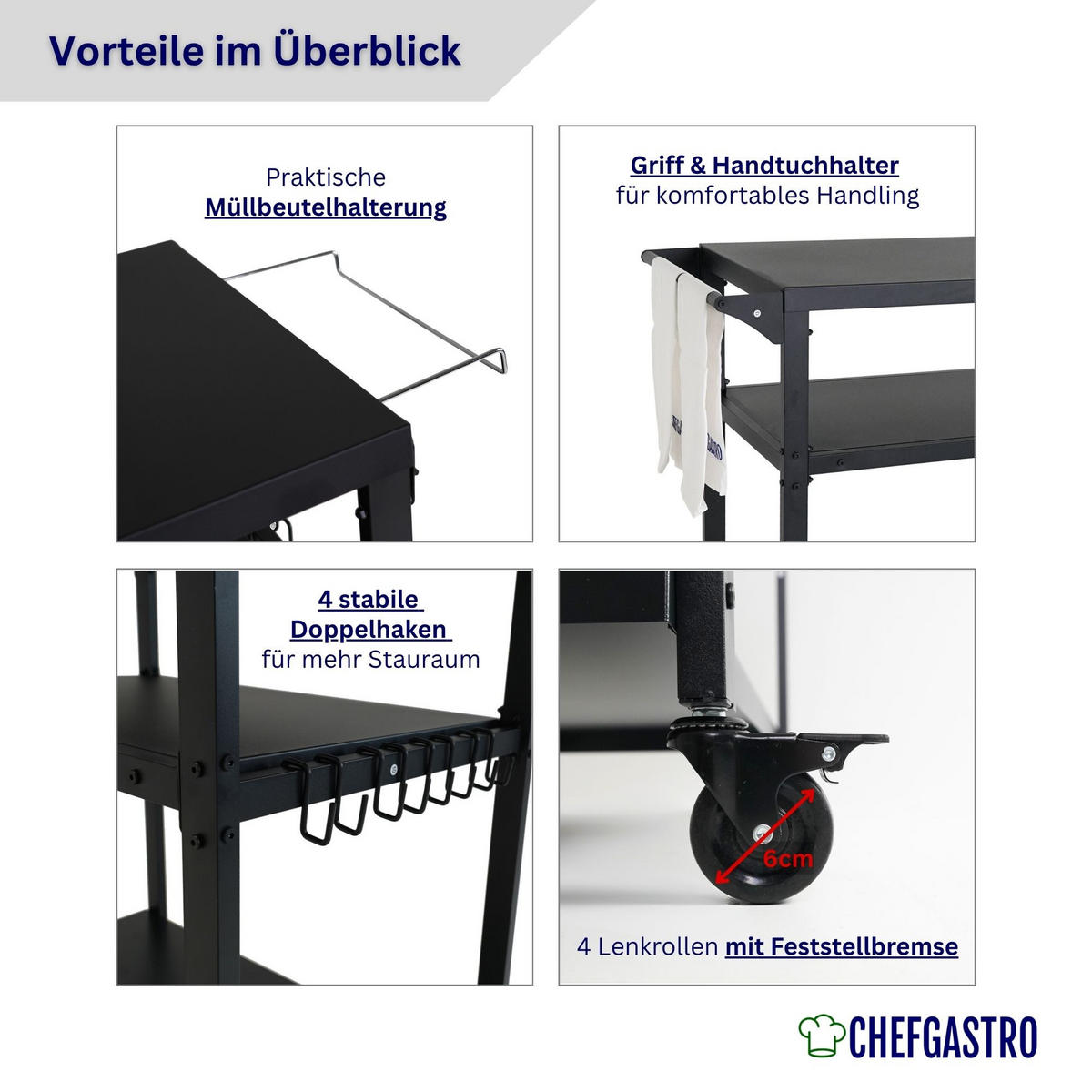 GRILLWAGEN Vulcano Outdoor Servierwagen - Schwarz, Metall (50.5/93/114cm) - CHEFGASTRO