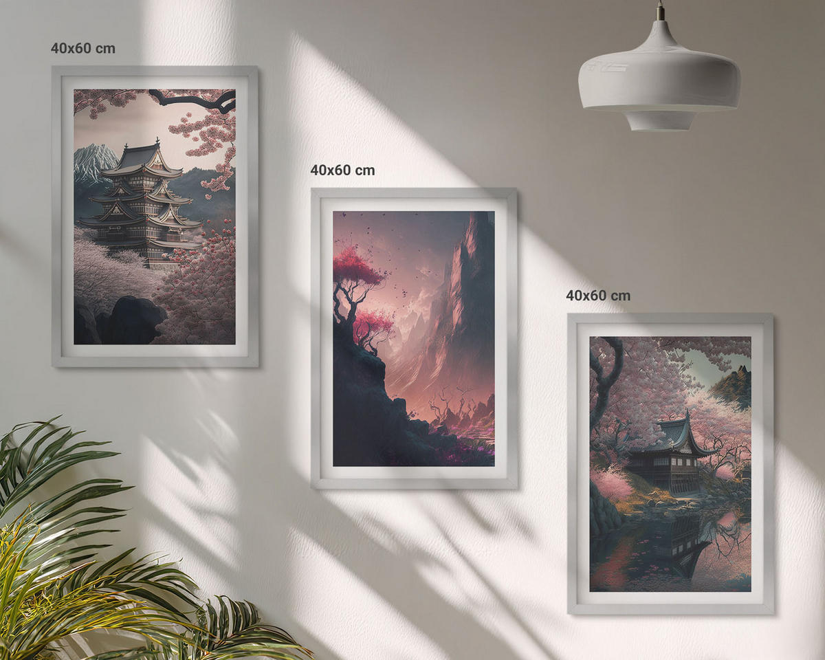BILDER SET 3er Set - 40x60 cm Silberner Rahmen - Fantasielandschaften der japanischen Berge - Silberfarben, Kunststoff (40/60cm) - TULUP