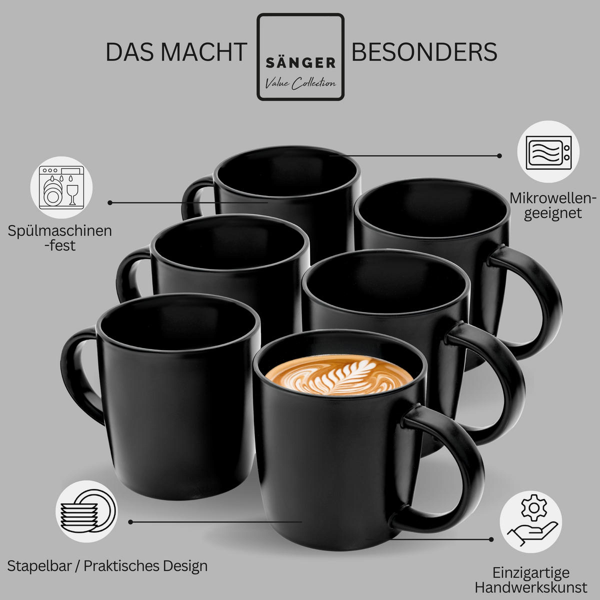 KAFFEEBECHER SET MADEIRA - 6 teilig aus Steingut - Schwarz, Keramik (0.35L) - Sänger