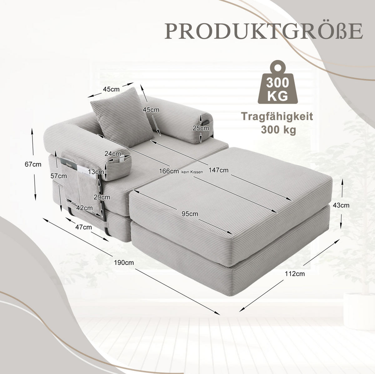 SESSEL mit Hocker aus Cord 112x190x67 cm Hellgrau flexibel kombinierbar, ergonomisch und montagefrei - Hellgrau, Textil (112/67/190cm) - Modfu