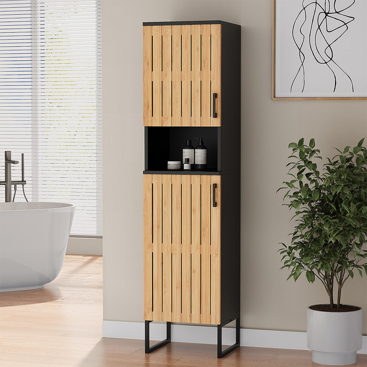 BADSCHRANK Vayra Bambus 35 x 145 cm - Schwarz/Grün, Holzwerkstoff (35/145/31.5cm) - Vicco