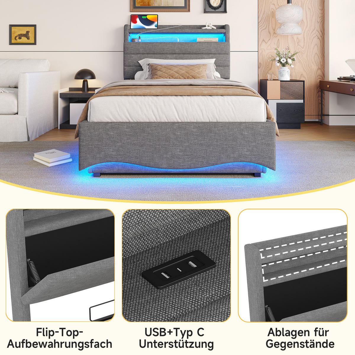 ČALÚNENÁ posteľ z ľanovej tkaniny 90x200 cm sivá s LED osvetlením, hydraulickým úložným priestorom a USB-C - sivá, textil (90/200cm) - Modfu