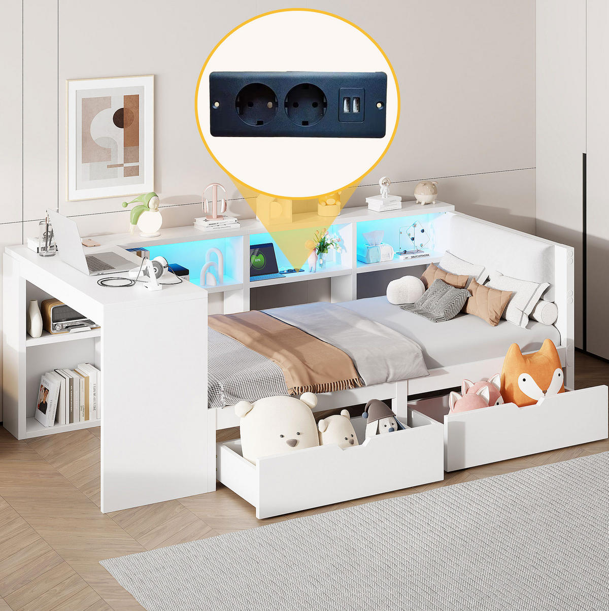BETT 90/200 cm in Weiß mit Schubladen, LED-Beleuchtung und USB-Anschlüssen - Weiß, Holzwerkstoff (90/200cm) - Flora Grace