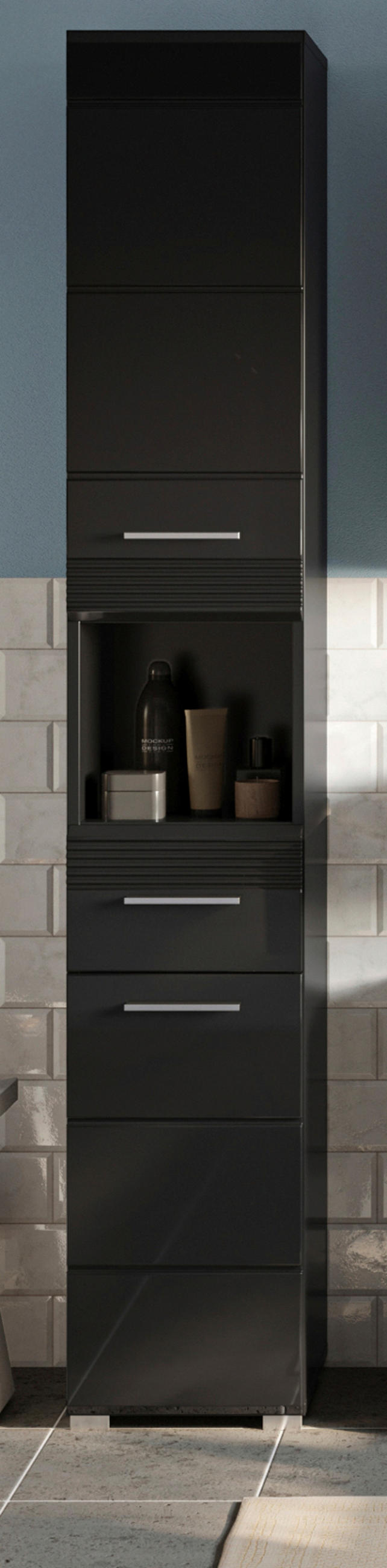 HOCHSCHRANK in schwarz Hochglanz, Badschrank 182 cm - Schwarz Hochglanz/Silberfarben, Holzwerkstoff/Kunststoff (30/182/182cm) - Inn.Furn