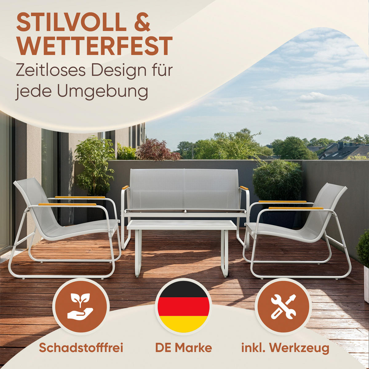 GARTENMÖBEL 4er Set, 2 Sessel 1 Tisch und 1 Bank, Grau - Grau, Metall - Blumtal